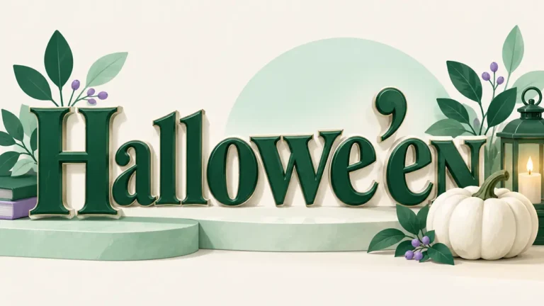 Hallowe’en lettering with a raised apostrophe beside a white pumpkin.