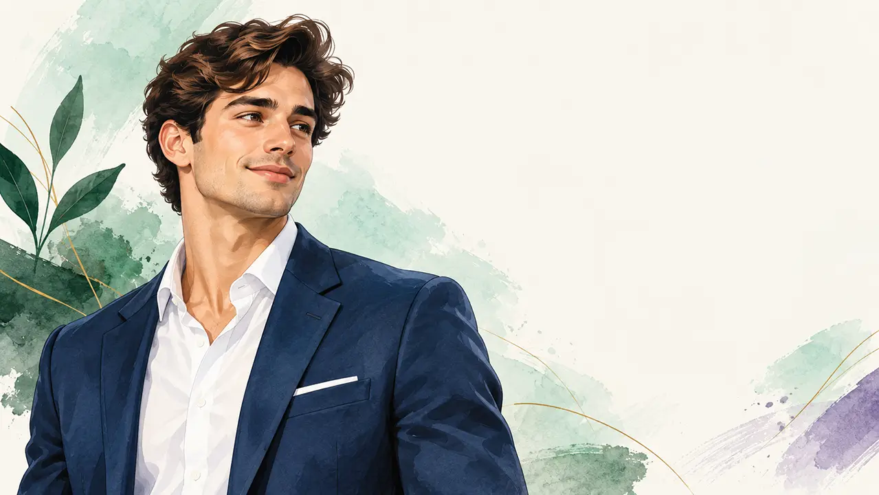 Illustration of a handsome man in a navy suit representing physical attractiveness.