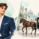 Handsome vs. hansom comparison showing an attractive man and a historical horse-drawn cab.