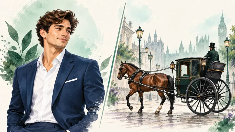 Handsome vs. hansom comparison showing an attractive man and a historical horse-drawn cab.