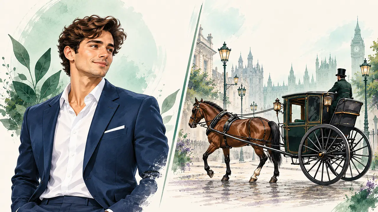 Handsome vs. hansom comparison showing an attractive man and a historical horse-drawn cab.