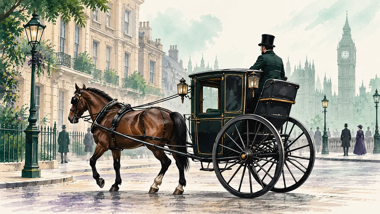 Victorian hansom cab, a two-wheeled horse-drawn carriage with the driver seated behind the passenger cabin.