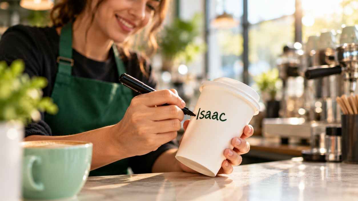 A barista in a green apron writes the name Isaac with a black marker on a white paper cup in a bright café