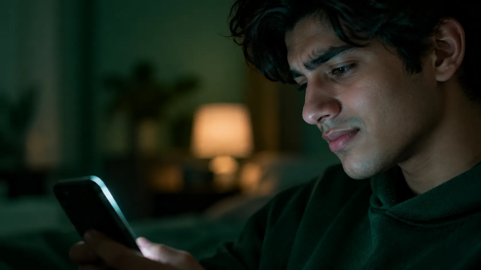 Side profile of a face lit by phone glow in a dark room, smiling slightly with a faint frown