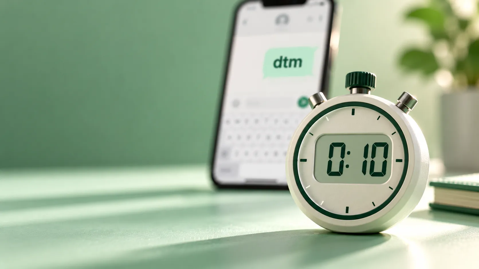 White stopwatch reading 0:10 on a mint surface with a blurred phone showing dtm behind it