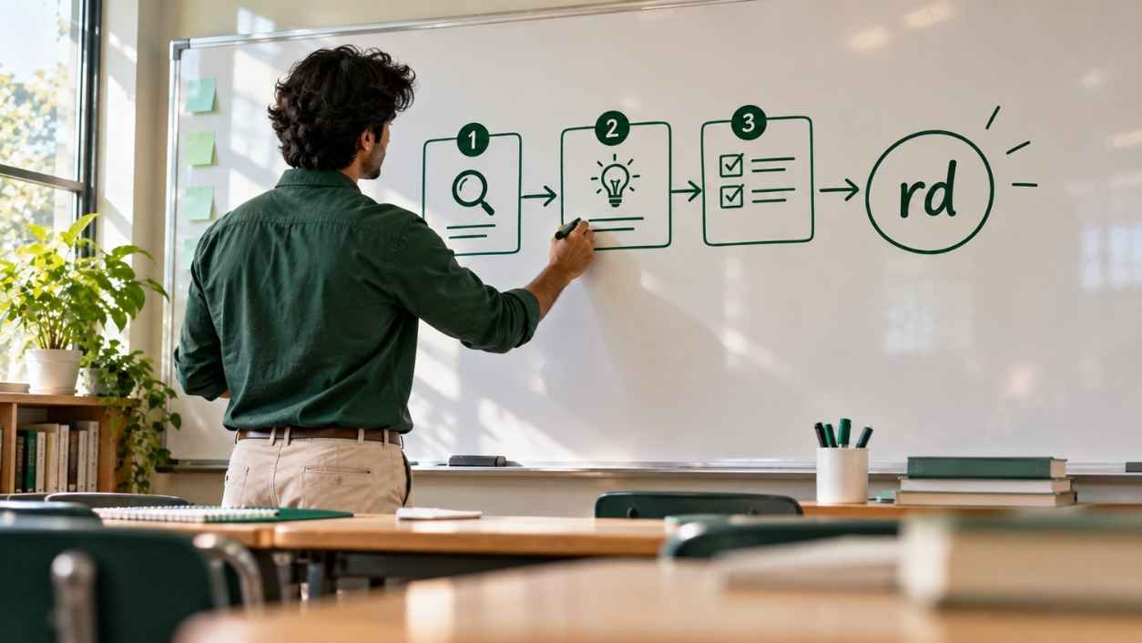 Person drawing a three step flowchart on a whiteboard ending in a circle labeled rd, a method to decode rd meaning