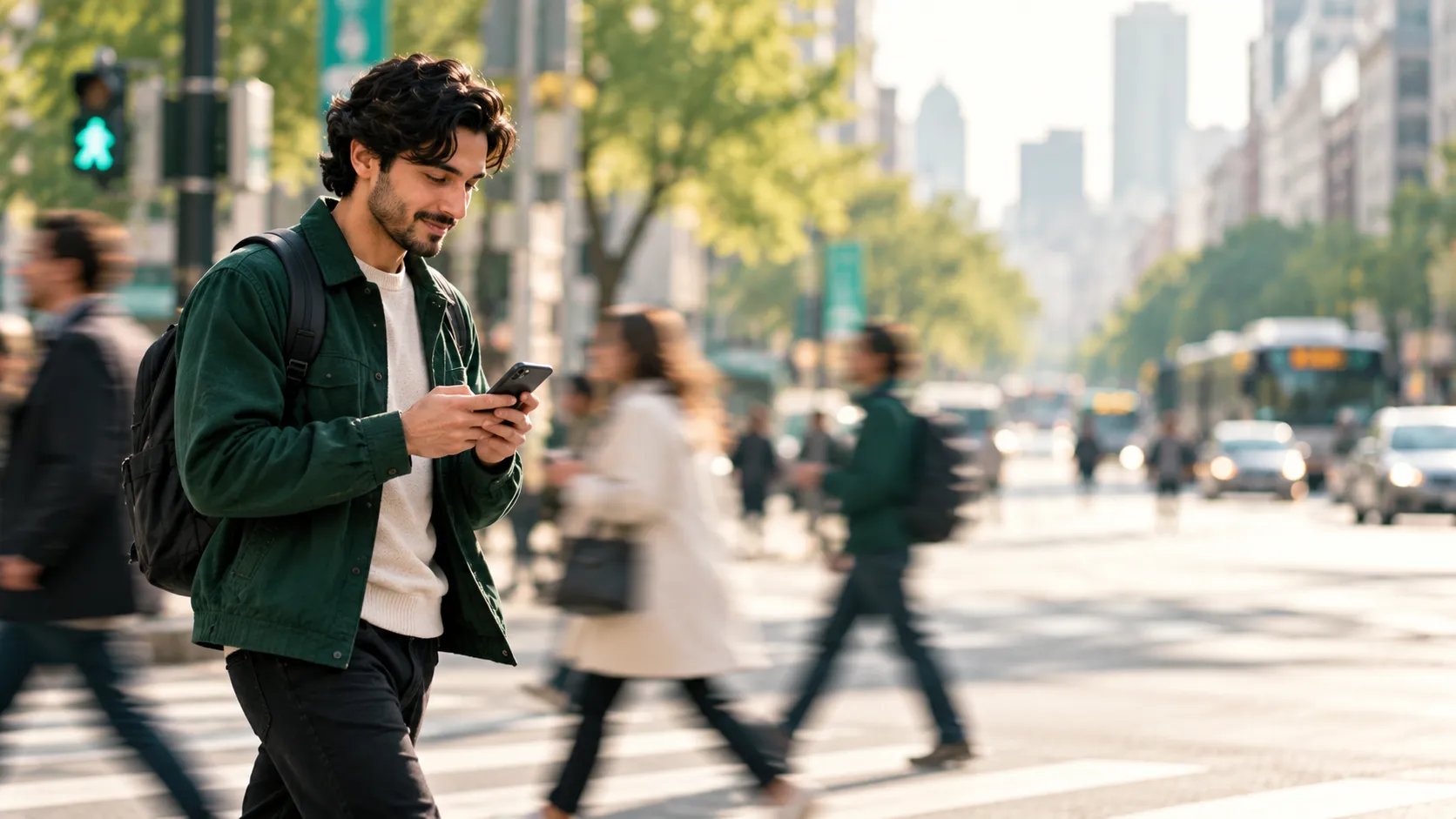 Person in a green jacket walking across a street while typing a reply on their phone