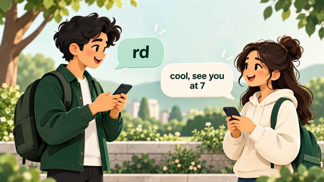 Two illustrated friends trading chat bubbles, one saying rd and the other replying cool, see you at 7