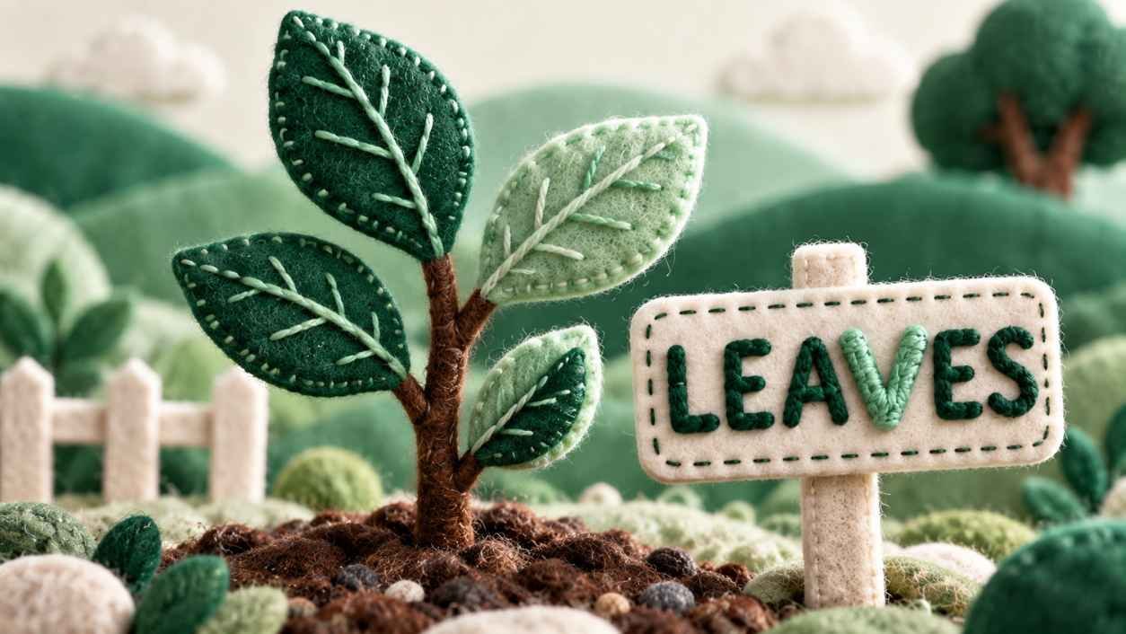 Felt craft sapling with a small garden sign stitched with the word LEAVES