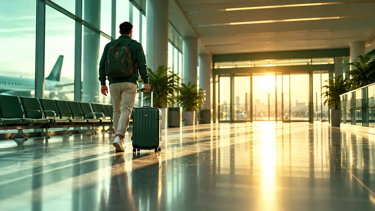 Traveler with a suitcase walking through an airport hall between a departure gate and an arrivals exit, illustrating immigrate vs emigrate