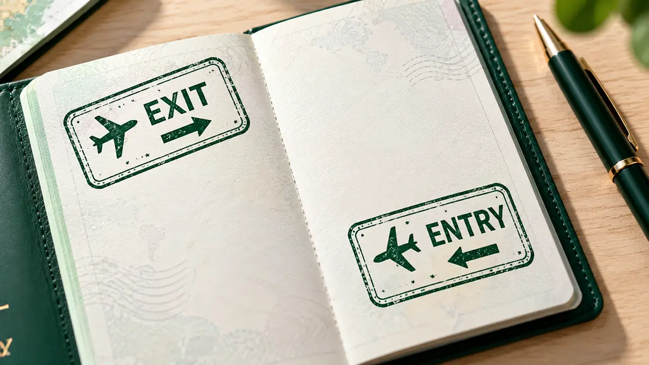 Two travel-document stamps side by side, one marked EXIT and one marked ENTRY, showing immigrate vs emigrate