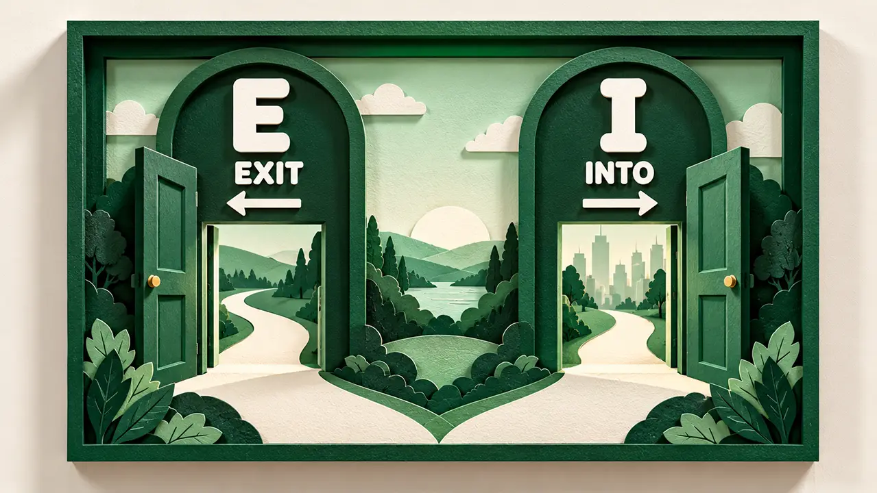 Paper-cut scene with letter E beside an exit door and letter I beside an entry door, for remembering emigrate and immigrate