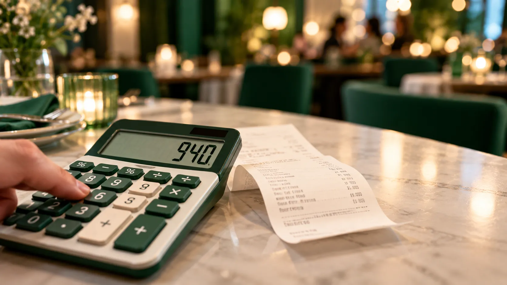 Finger pressing a key on a desktop calculator showing 940 beside a curled restaurant receipt