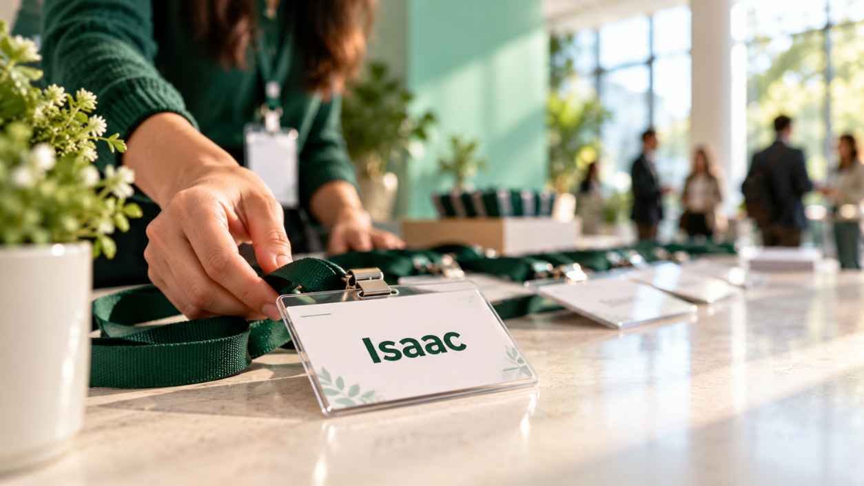 Row of white name badges on a welcome desk with the nearest badge reading Isaac, as a volunteer in a green sleeve sets out a lanyard