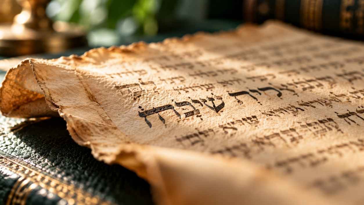 Low angle macro of an aged parchment manuscript page with a line of old script in sharp focus on a dark green leather book cover