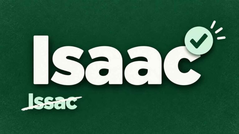 The word Isaac in large white letters with a mint check badge, above a small crossed out Issac on a forest green background