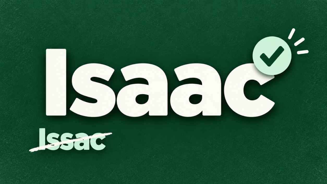 The word Isaac in large white letters with a mint check badge, above a small crossed out Issac on a forest green background