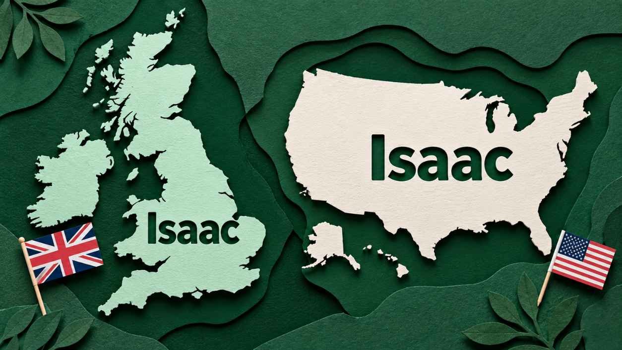 Layered paper cut shapes of the UK and the USA, each with the identical word Isaac cut into it, with tiny paper flags at the corners