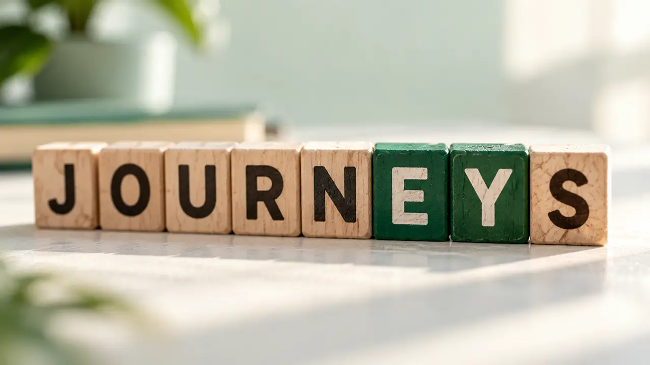 Close-up of wooden letter blocks spelling JOURNEYS, with the E and Y blocks painted green