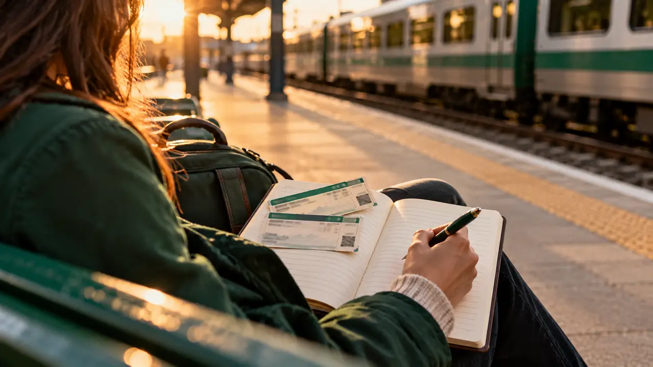 Traveler on a station platform writing in a notebook, with two train tickets resting on the page