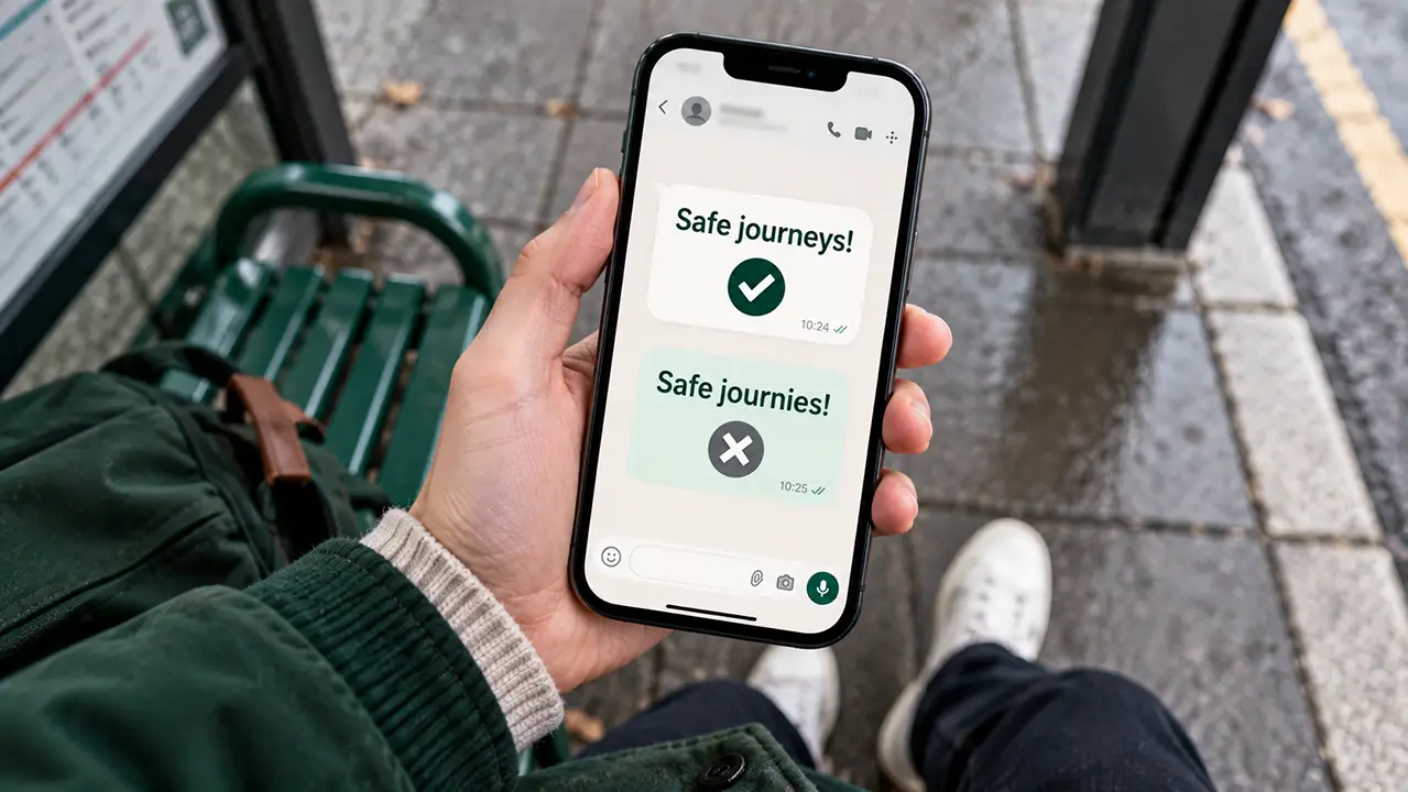Hand holding a phone with two message bubbles, one with a green check and one with a gray cross