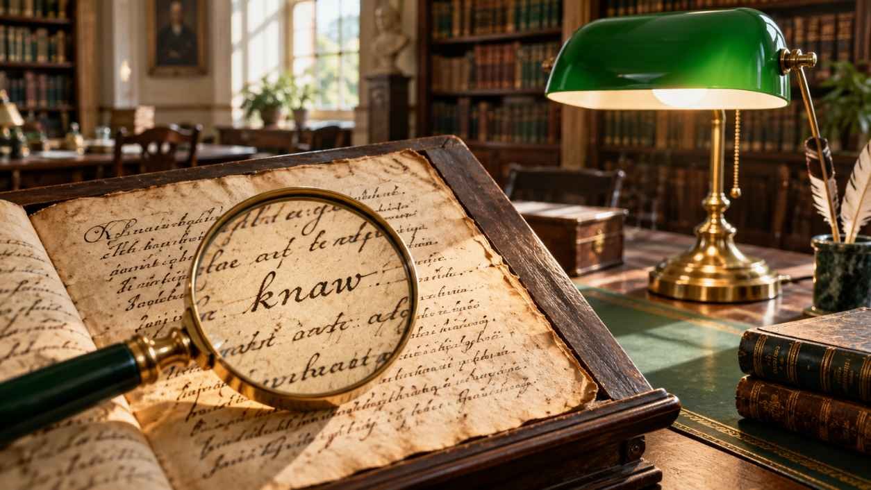 Magnifying glass over a line of old handwriting on a parchment manuscript resting on a wooden lectern