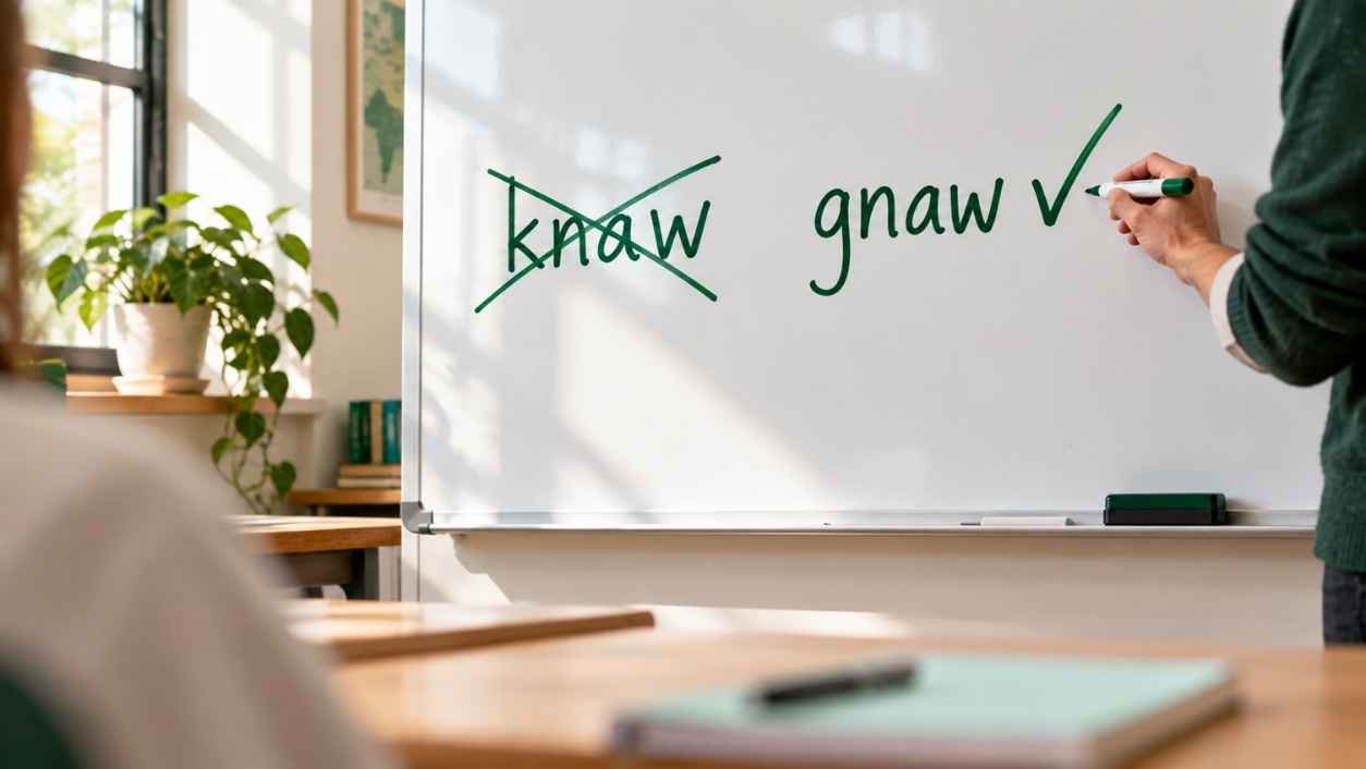 Whiteboard with the word knaw crossed out in green marker and gnaw written next to it with a check mark