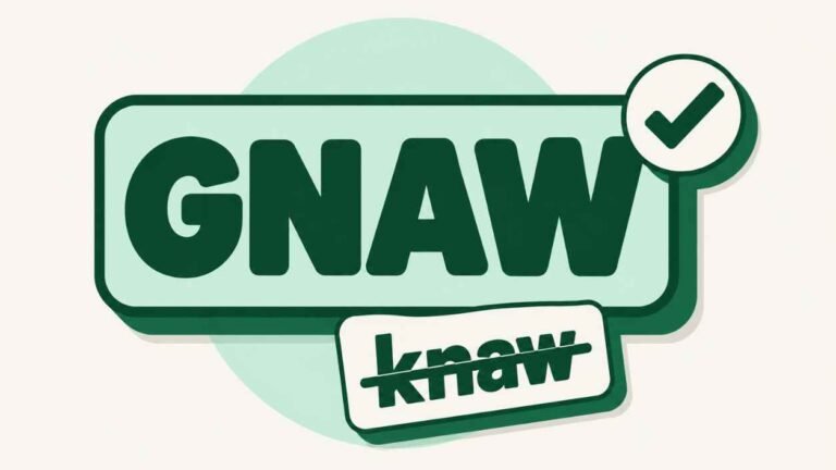 Large green GNAW lettering with a check mark beside a crossed-out knaw tag on an off-white background