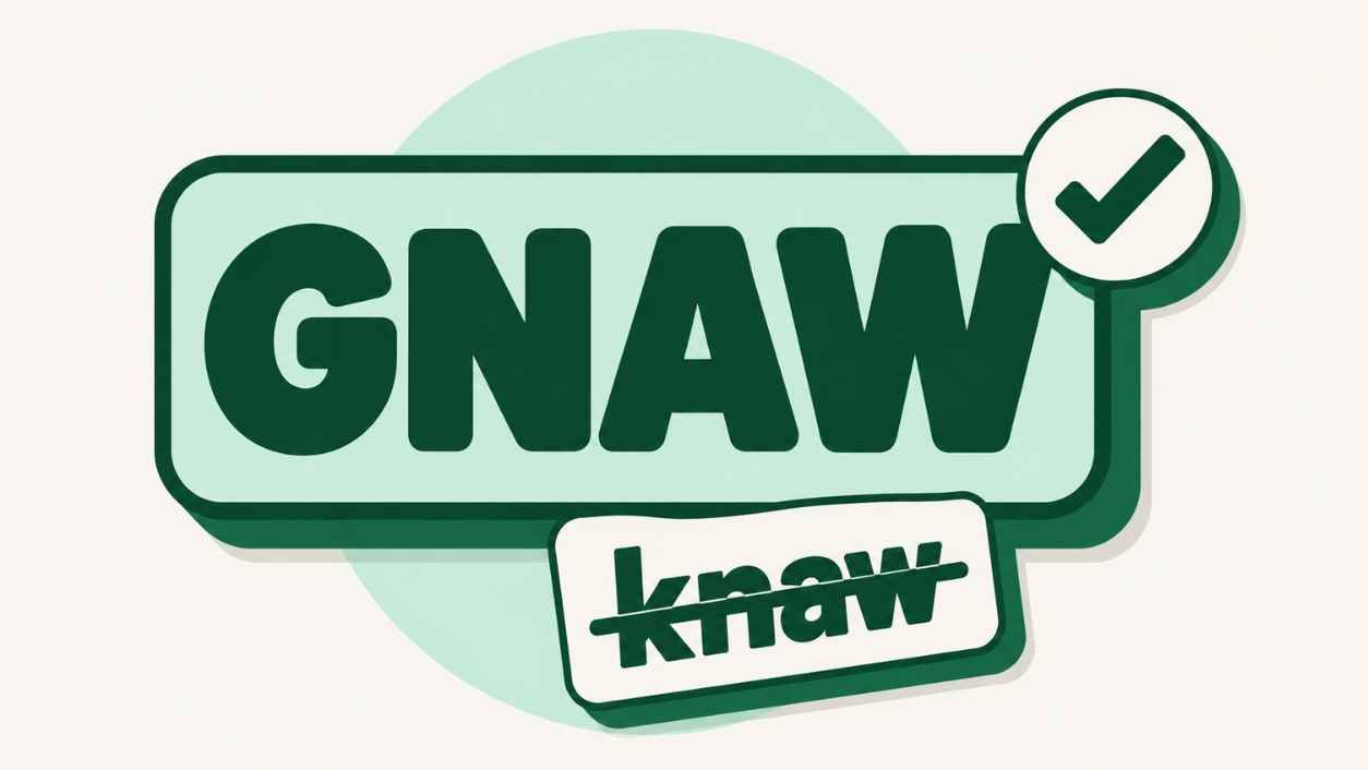 Large green GNAW lettering with a check mark beside a crossed-out knaw tag on an off-white background