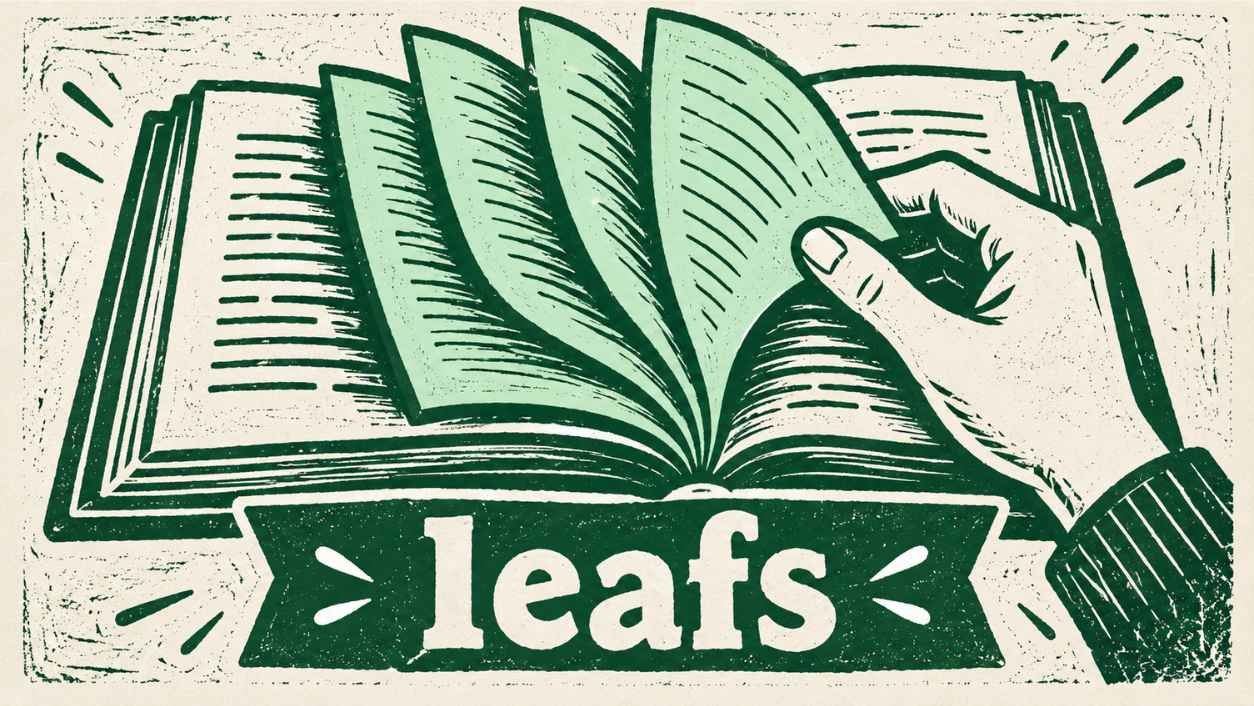 Linocut print of a hand turning the pages of an open book with the word leafs below