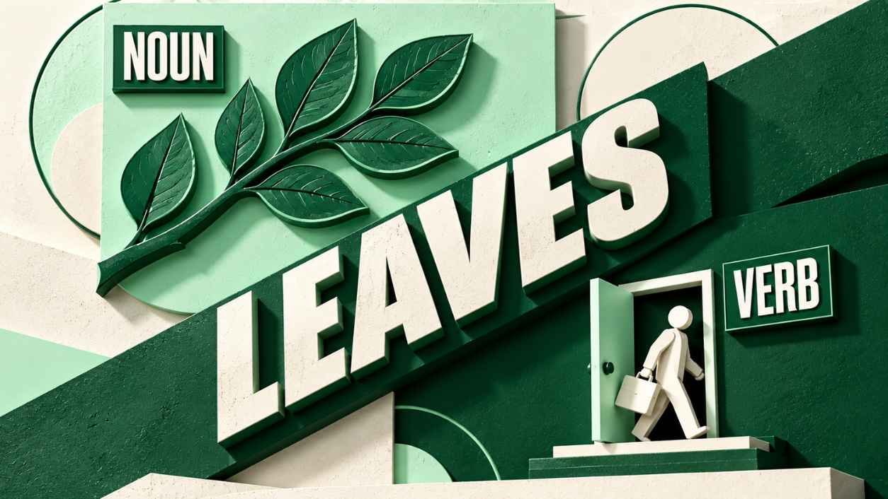 Split poster comparing leaves as a plant noun with leaves as a verb for walking out a door
