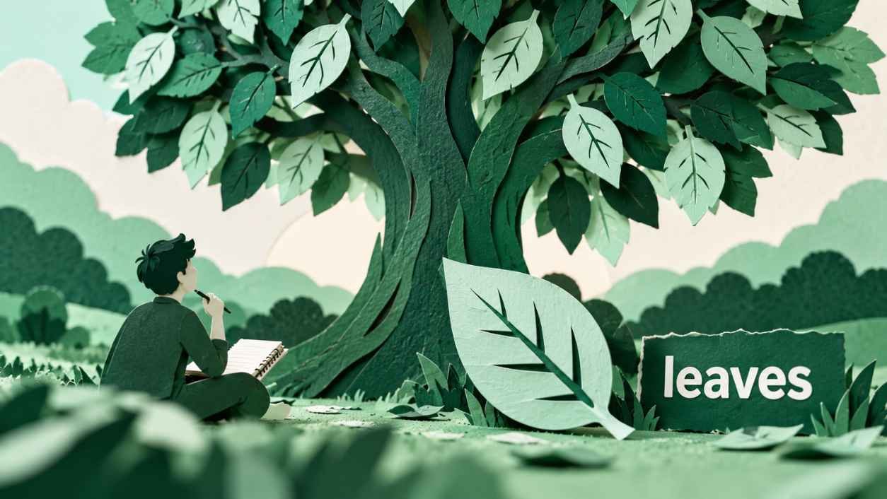 Layered paper tree with many green leaves and a small figure sketching a single leaf in a notebook