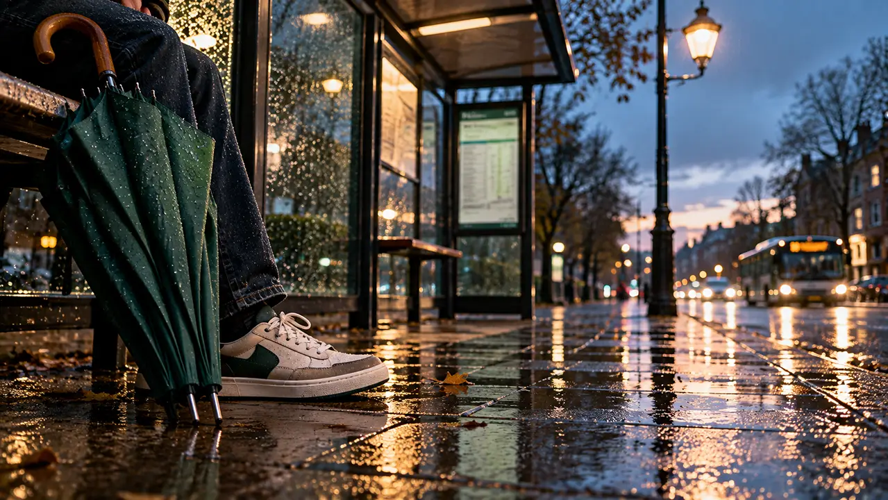 Low view of wet pavement and a person’s shoes beside a folded umbrella at an empty bus stop at dusk