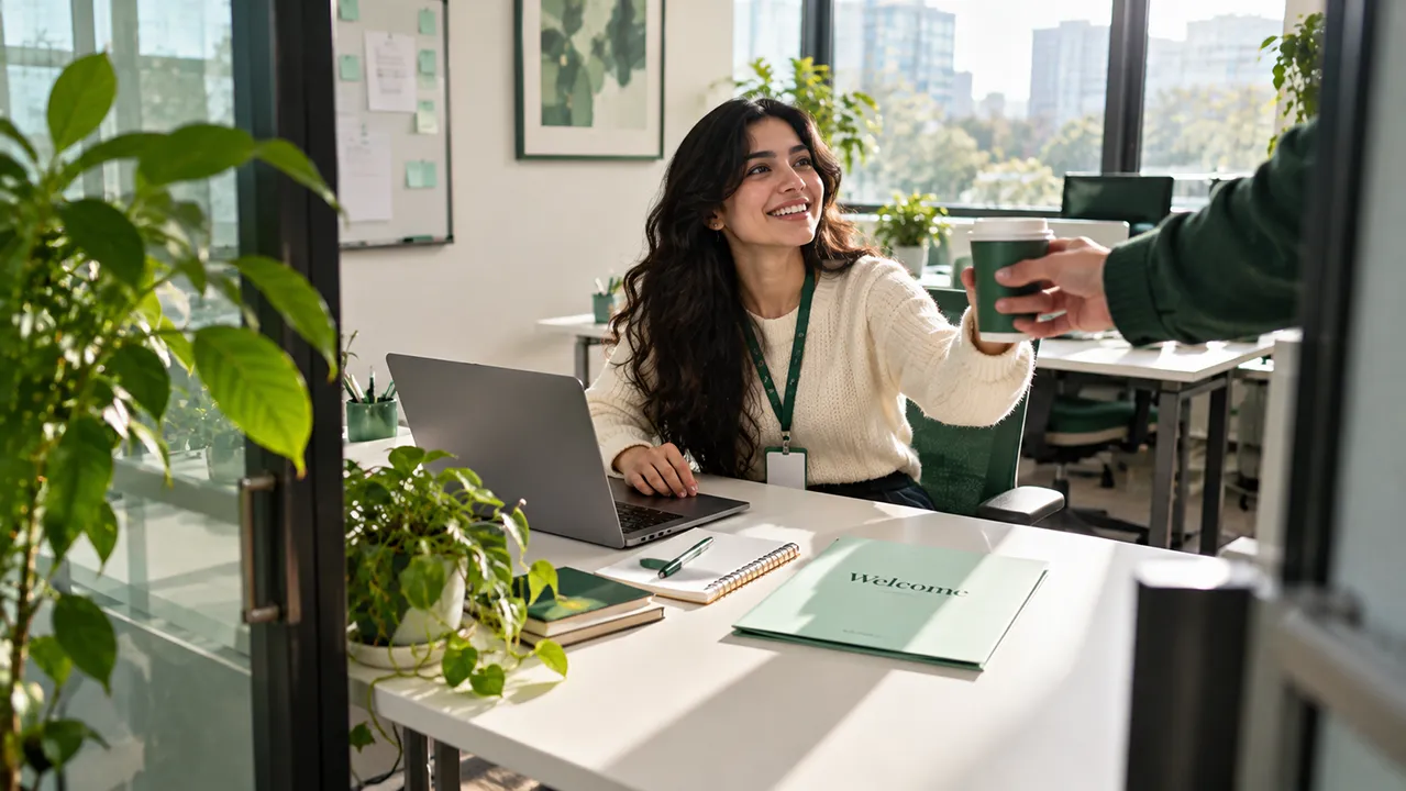 New employee at a bright office desk on the first day with a laptop, welcome folder, and lanyard badge