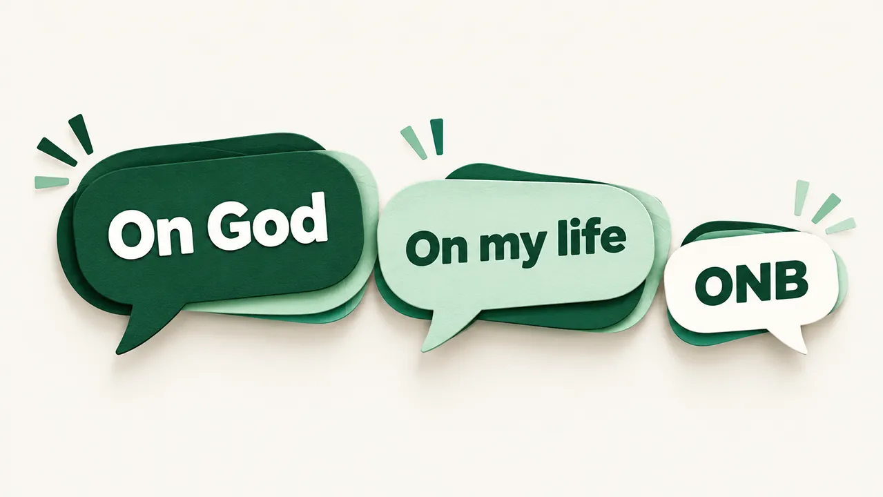 Layered paper-cut speech bubbles reading On God, On my life, and ONB growing from left to right