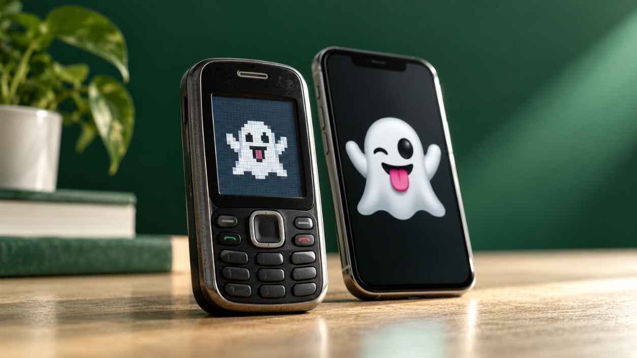 Low angle macro of an older mobile phone and a modern smartphone standing side by side, each showing a ghost emoji on a pale oak desk.