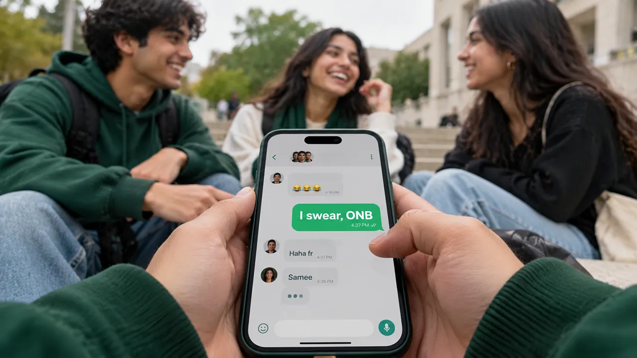 First-person view of a phone showing a group chat bubble with ONB while friends laugh, a quick answer to onb meaning slang
