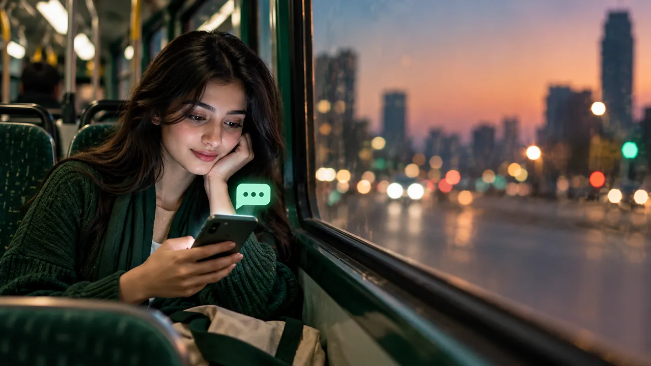 Young woman on a night bus reading a text message on her phone, illustrating onb meaning slang in everyday chats
