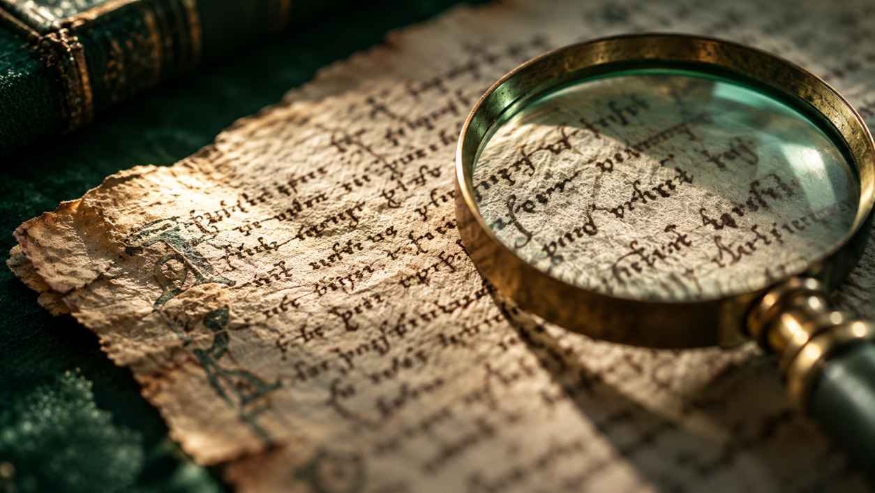 Close-up of aged parchment with faded handwritten script lit from the side beside a brass magnifying glass