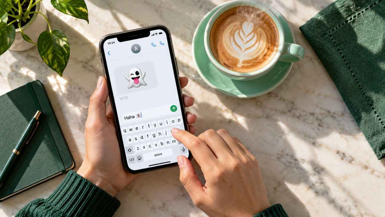 Overhead view of a hand holding a smartphone with a chat showing a ghost emoji beside a latte on a pale marble café table.