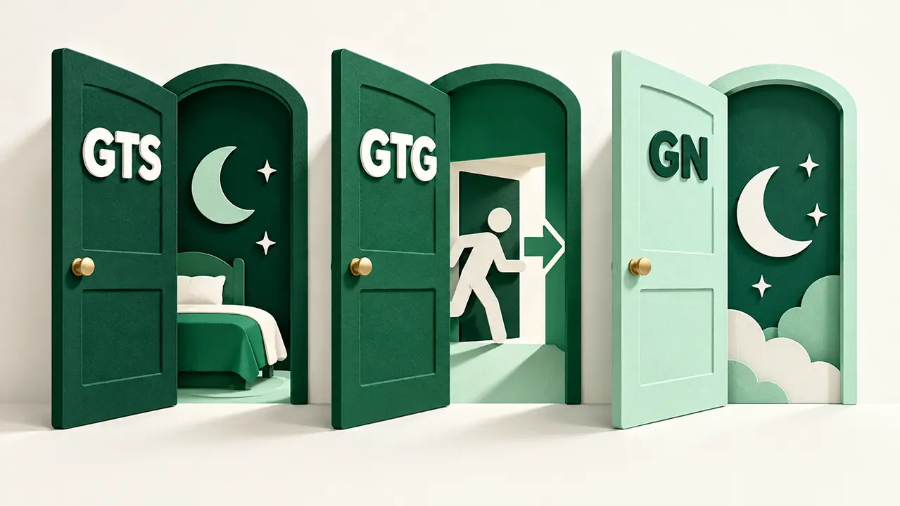 Three layered paper-cut doors labeled GTS, GTG and GN with different symbols behind each door.