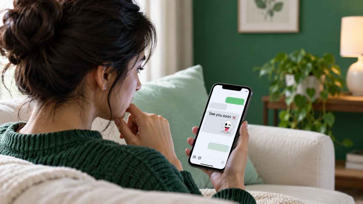 Over the shoulder view of a person on an off white sofa reading a text message that ends with a ghost emoji.