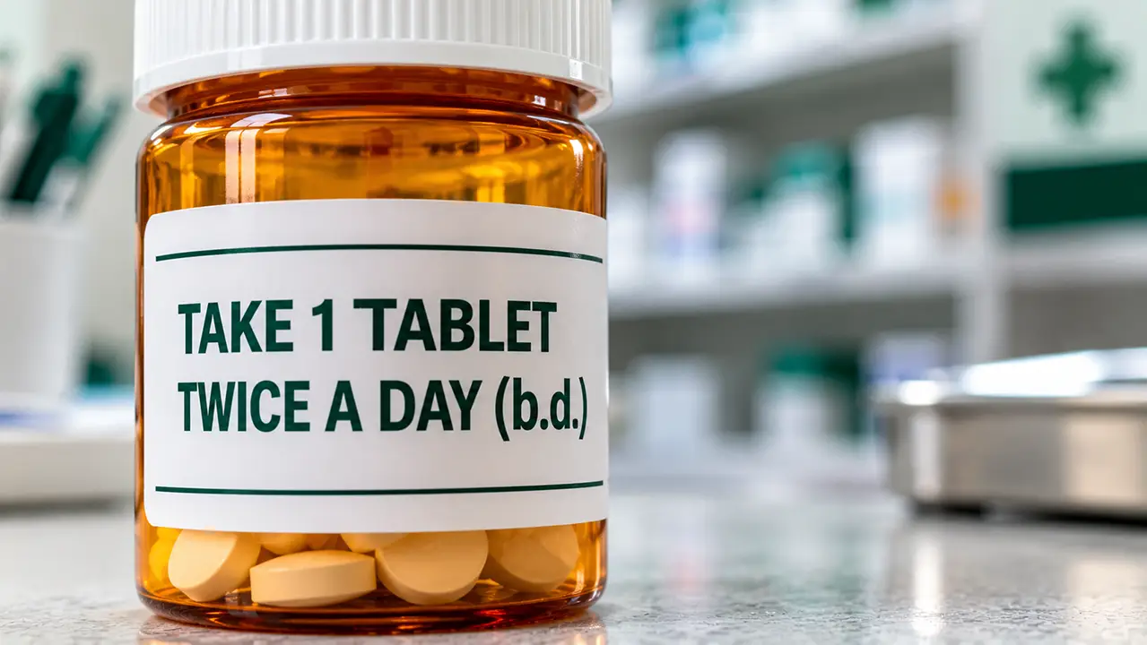 Close-up of a pharmacy bottle label with the instruction to take one tablet twice a day