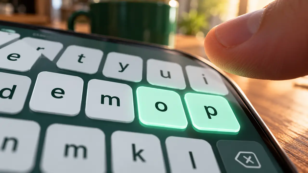 Close-up of a phone keyboard with the O and P keys side by side and a thumb hovering