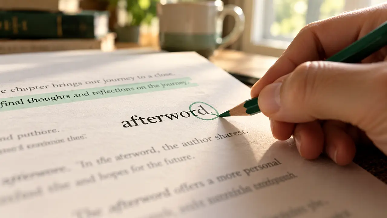 Close-up of a hand circling the letter D in afterword with a green pencil on a printed page