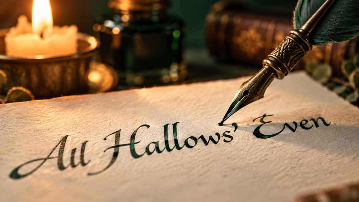 Close-up of a quill with green ink writing All Hallows' Even in calligraphy on cream paper by candlelight.