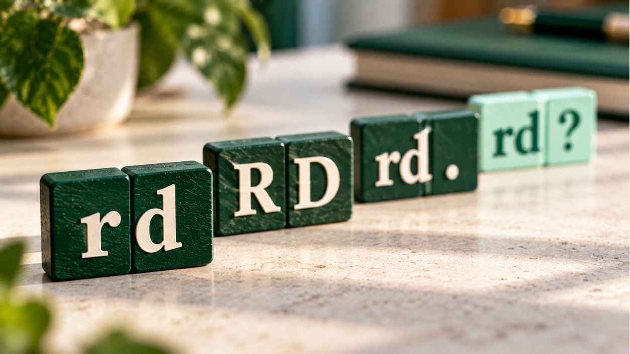 Wooden letter tiles spelling rd, RD, rd with a period and rd with a question mark, showing forms of rd in text