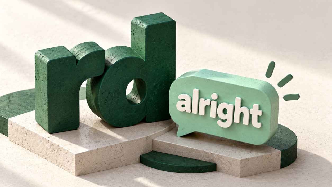 Green 3D letters rd beside a mint speech bubble block reading alright, the most common rd meaning in text