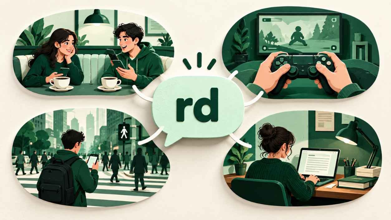 Central rd speech bubble linked to four scenes: a diner, a game controller, a crosswalk and a laptop desk
