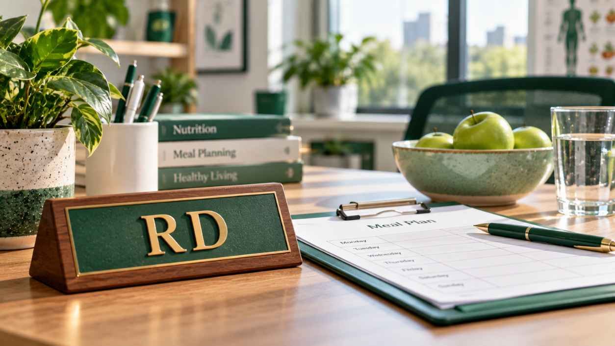 Wooden RD nameplate on a dietitian's desk with a clipboard and green apples, showing rd meaning in medical and work